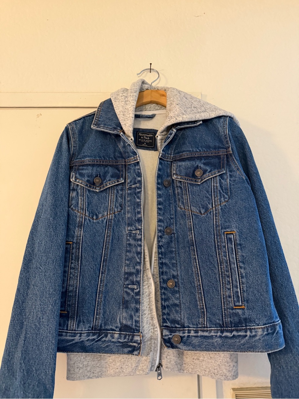 Men's Blue Denim Jacket with Grey Hoodie Liner